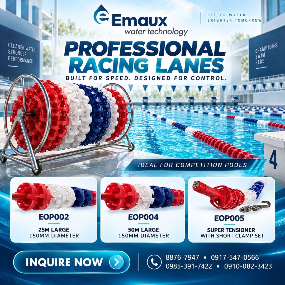 Emaux Professional Racing Lanes for Competition Pools (Category: Home Improvement Tools & Accessories) located in Quezon City. Submitted by havitol.corporation (Listing ID 1462330712, Image 1). Description: - Emaux Professional Racing Lanes for competition pools - Built for speed and control - Available lengths: 25m (EOP002) and 50m (EOP004) - Diameter: 150mm - Super tensioner with short clamp set (EOP005) also available - Guarantees cleaner wate