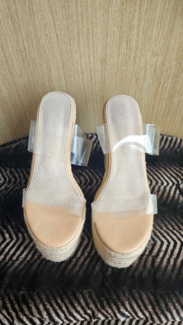 Espadrille Wedge Sandals with Clear Straps (Category: Wedges) located in Makati City. Submitted by shannebun (Listing ID 1462267370, Image 3). Description: Cream espadrille wedge sandals with clear straps and jute rope sole. Easy slip-on style, perfect for any outfit..