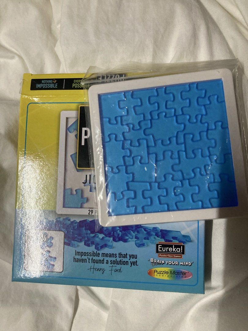 Eureka! Puzzle Master Jigsaw 29 Puzzle Pieces (Category: Board Games & Puzzles) located in Quezon City. Submitted by mmanna (Listing ID 1462426589, Image 2). Description: - Eureka! Puzzle Master 29-piece jigsaw puzzle - Compact size: 10 cm x 10 cm - Theme: 'Nothing is Impossible, Everything is Possible' (Blue) - Perfect for a quick brain teaser.