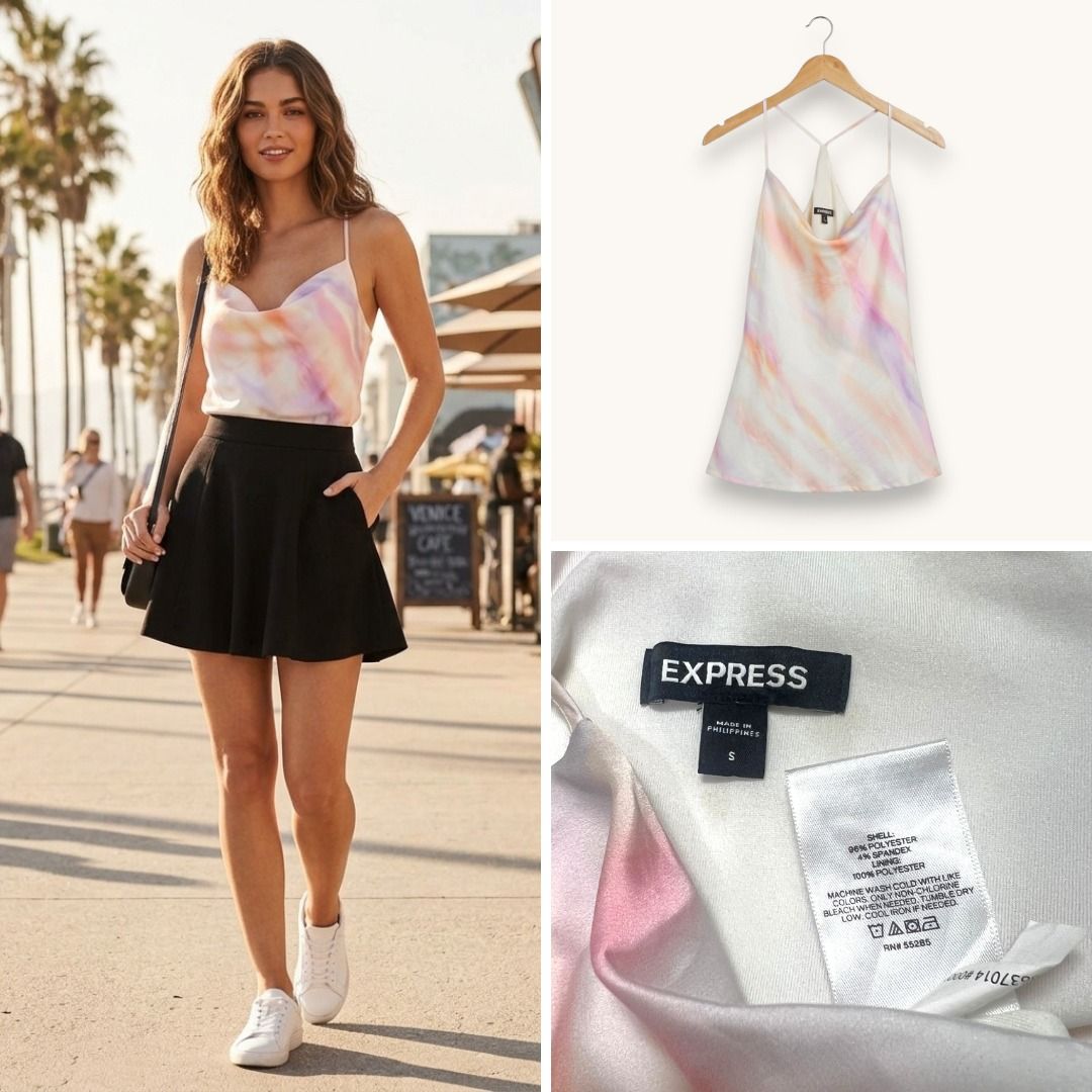 EXPRESS Satin Cowl Neck Top (Category: Sleeveless) located in Las Pinas. Submitted by curatedbysharm (Listing ID 1462264312, Image 1). Description: chest width: 38” best fit: 36” chest with lining, cowl neck US BRAND 📌 FREE SHIPPING on ₱1K+ orders 📋 To order: Send Name, Full Address, & Contact Info. Invoice will follow shortly as confirmation! 🎀.