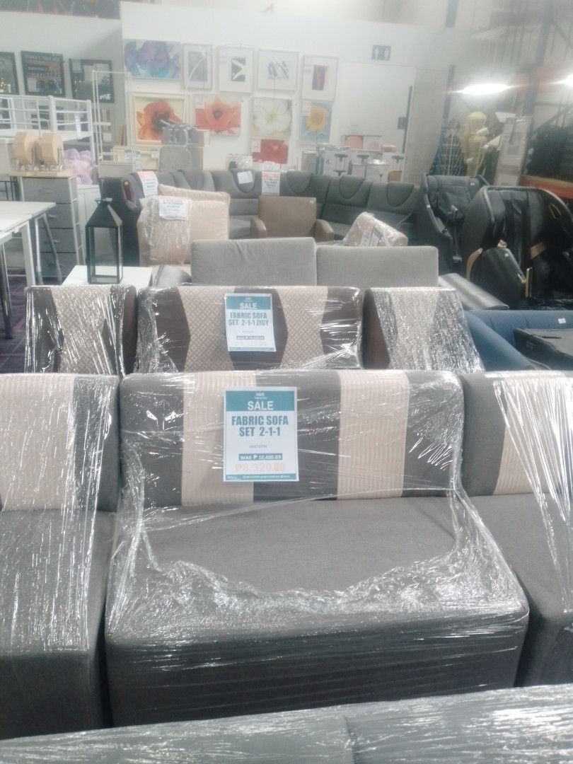 Fabric Sofa Set 2-1-1 (Category: Sofas) located in Manila. Submitted by maryjane09. (Listing ID 1462290942, Image 2). Description: - Brand new fabric sofa set - Includes one 2-seater and two 1-seater sofas - Stylish grey and beige stripe design - Still wrapped in original plastic packaging - Excellent value for money!.