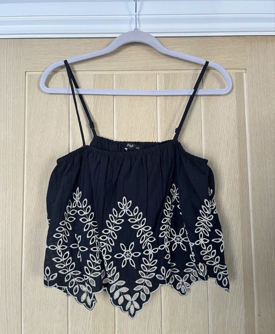 F&F embroidery top (Category: Others Tops) located in Davao. Submitted by theresetshelf (Listing ID 1462415213, Image 1). Description: 🌸floral embroid 🌸scalloped hems 🌸 with tube lining inside for safeyt 🌸cotton 🌸xs on tag but still can fit to small.