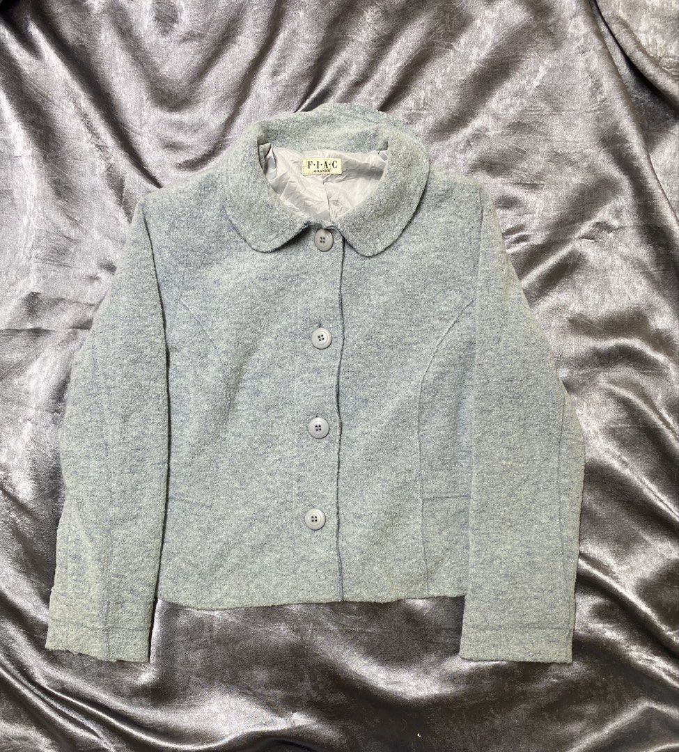FIAC GRANDE Light Blue Button-Up Jacket (Category: Coats, Jackets and Outerwear) located in Agdangan. Submitted by kevinthriftshop (Listing ID 1462391776, Image 1). Description: - Light blue FIAC GRANDE jacket - Button-up front with rounded collar - Material: 65% Wool, 35% Rayon (wool blend) - Size: Medium - Ideal for layering.