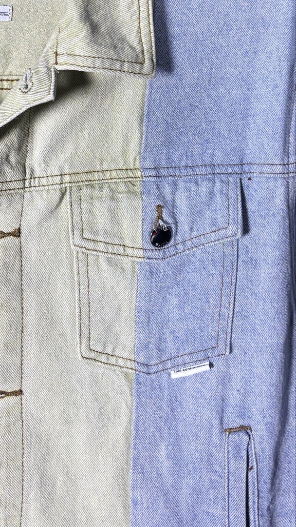 FIVE CM Two-Tone Denim Jacket (Category: Coats, Jackets and Outerwear) located in Bacoor. Submitted by calvinmanzano13 (Listing ID 1462296887, Image 2). Description: - L = 22.5” | W = 21.5” - Style: Two-tone denim trucker jacket - Colors: Light green on one side, light blue on the other - Features: Button closure, chest pockets, small neon green tag detail Notes: ☑️ Hand washed ☑️ Polished ☑️ Steam ironed.