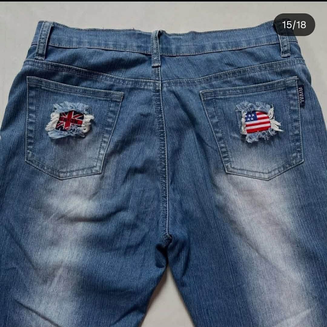 Flared Pants (Category: Jeans) located in Naga. Submitted by justin472 (Listing ID 1462416572, Image 3). Description: mid waist cute patchwork bluewash flared jeans from rival jeans pinapabenta lang waist: 30 rise: 9 hips: 40 thighs: 11 length: 42 ￼leg opening:10 CONDI:8/10 450+sf.