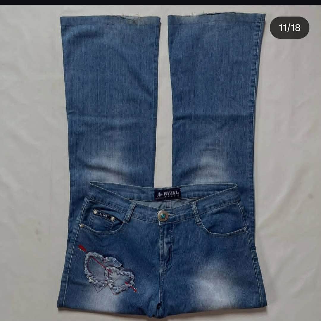Flared Pants (Category: Jeans) located in Naga. Submitted by justin472 (Listing ID 1462416572, Image 2). Description: mid waist cute patchwork bluewash flared jeans from rival jeans pinapabenta lang waist: 30 rise: 9 hips: 40 thighs: 11 length: 42 ￼leg opening:10 CONDI:8/10 450+sf.