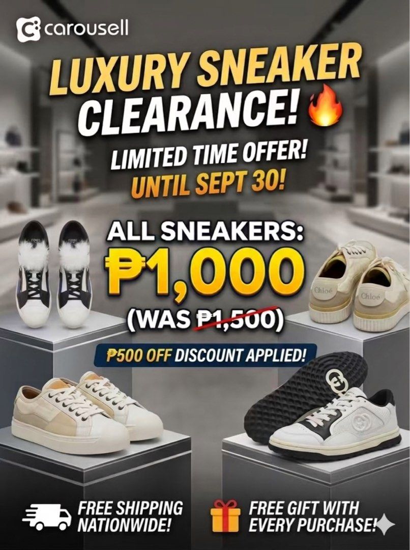 FLASH SALE: All Sneakers Must Go! (Category: Sneakers) located in Quezon City. Submitted by luvkobagsnshoes (Listing ID 1461132137, Image 1). Description: 🔥 PROMO: Get ₱500 OFF instantly!Original Price: ₱1,500SALE PRICE: ₱1,000 ONLY!⏳ Promo Period: Today until September 15, 2026 only!.