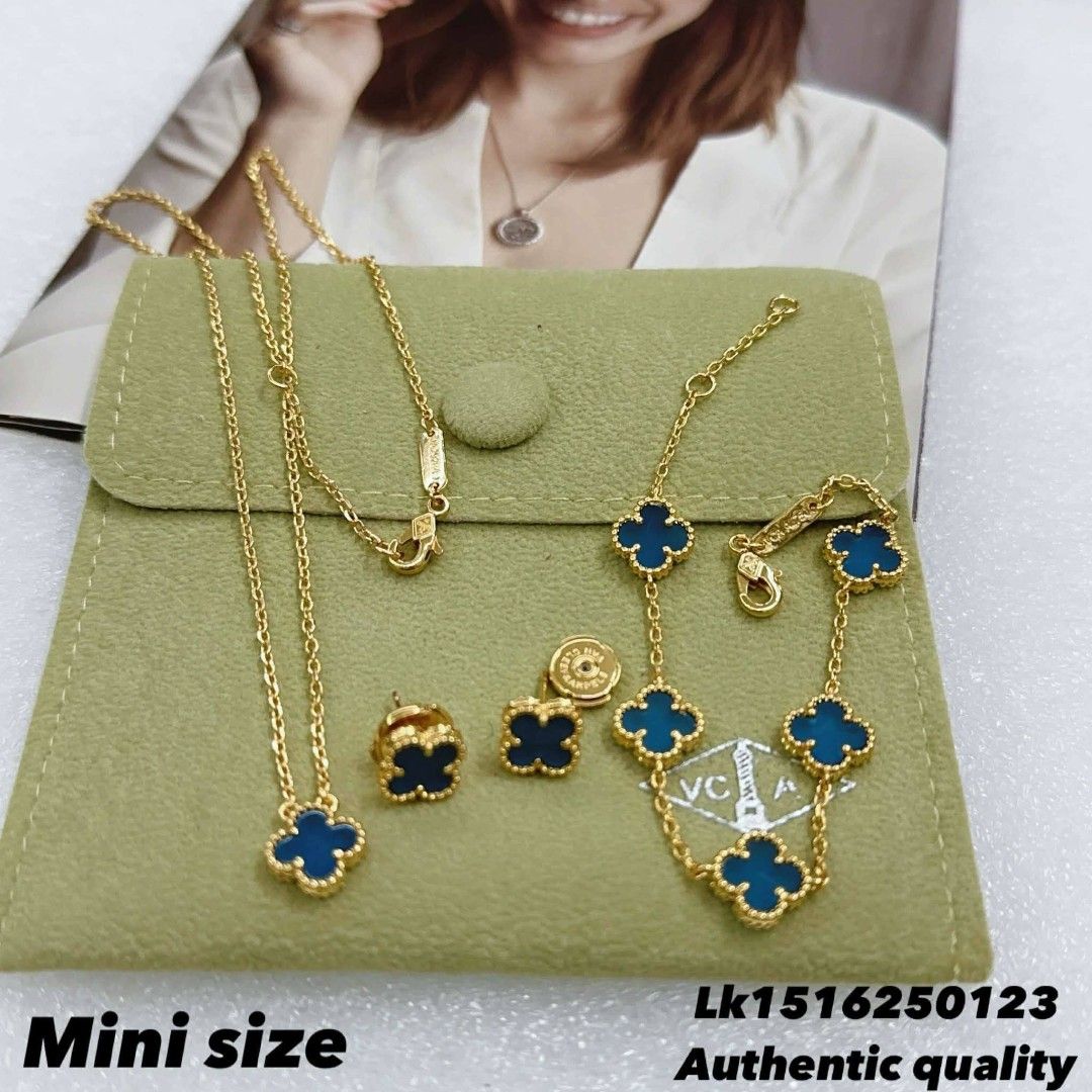 Flower jewelry Set (Category: Necklaces) located in Manila. Submitted by leilei.shopmore (Listing ID 1462326822, Image 3). Description: - Includes necklace, bracelet, and earrings - Available in pink, black, blue, red, and green clover motifs - Gold tone chain and hardware - Authentic quality.