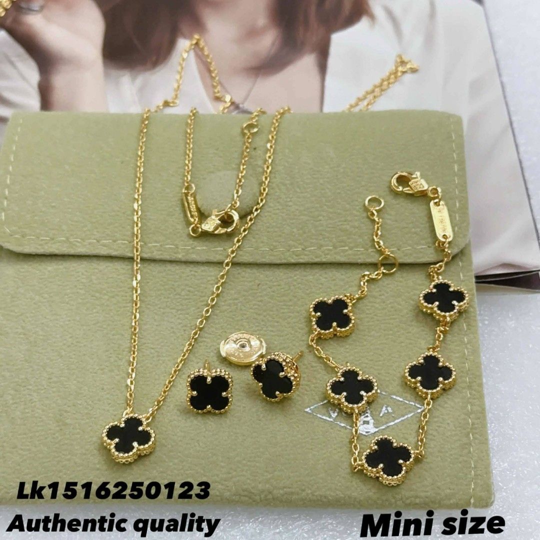 Flower jewelry Set (Category: Necklaces) located in Manila. Submitted by leilei.shopmore (Listing ID 1462326822, Image 2). Description: - Includes necklace, bracelet, and earrings - Available in pink, black, blue, red, and green clover motifs - Gold tone chain and hardware - Authentic quality.