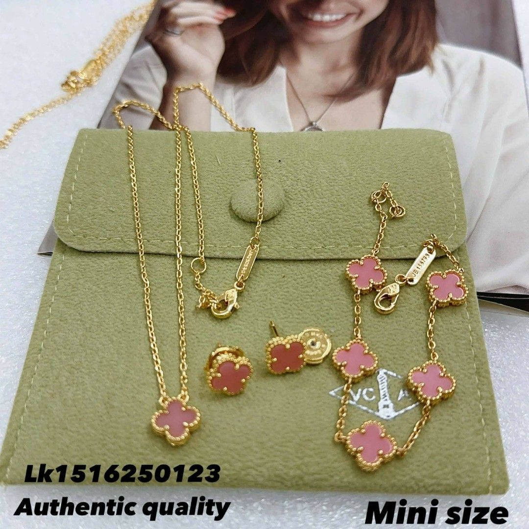 Flower jewelry Set (Category: Necklaces) located in Manila. Submitted by leilei.shopmore (Listing ID 1462326822, Image 1). Description: - Includes necklace, bracelet, and earrings - Available in pink, black, blue, red, and green clover motifs - Gold tone chain and hardware - Authentic quality.