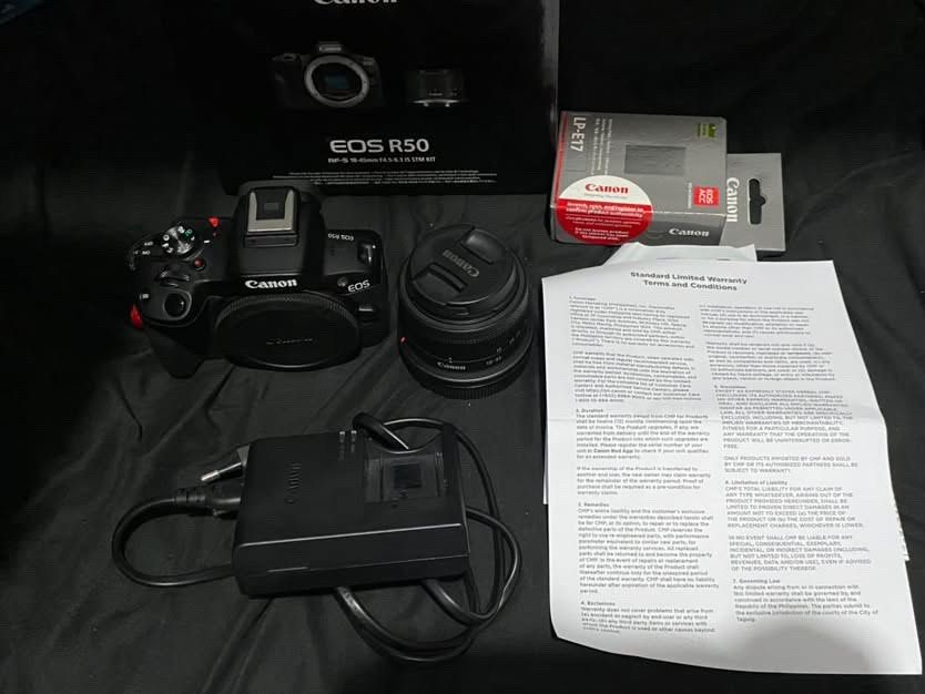 FOR TRADE: Canon EOS R50 (Category: Cameras) located in Manila. Submitted by dyinglightzz (Listing ID 1462400681, Image 1). Description: - Canon EOS R50 Camera with kit Lens - Battery Charger + Battery - Original Box + Warranty June 2026 nabili. No issue Trade to: Sony Rx100 II / Canon G7X Reason for trade: Di ko nadadala due to size 🥲.