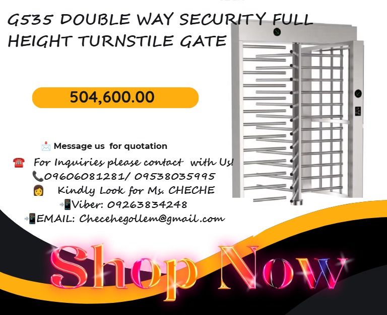 G535 DOUBLE WAY Security Full Height Turnstile Gate (Category: Other Home Furniture) located in Caloocan City. Submitted by boldhawk_09f8ee (Listing ID 1462269717, Image 1). Description: ●Double way - 504,600 ●Single way: 278,400 1) Size:1600*1500*2250mm(single machine); Size:2400*1500*2250mm(DOUBLE machine) 2)Material: 1.5+1mm.304 SUS Hairline #400 ; 3) Pass Width<=600mm; 4) Pass rate:35 persons/minute; 5)Operating time: 0.2 Seconds; 6)Input:100
