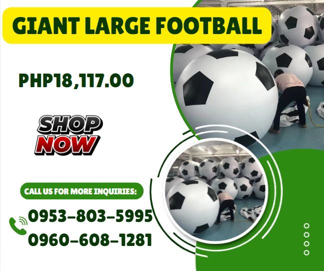 Giant Large footBall (Category: Industrial Equipment) located in Caloocan City. Submitted by nataliemor30968 (Listing ID 1462268006, Image 1). Description: ●Size: 1.5m diameter ●Material 1). 0.65mm PVC: 18,117 ●Gross Weight: 10KG ●Packing Size: 0.07CBM ●Material 2). 0.9mm PVC: 20,130 ●Gross Weight: 12KG ●Packing Size: 0.07CBM ●MOQ: 1 piece ●Air Pump (110v-120v or 220v-240v): Extra 5,368 per each Repair Kit: For Free .