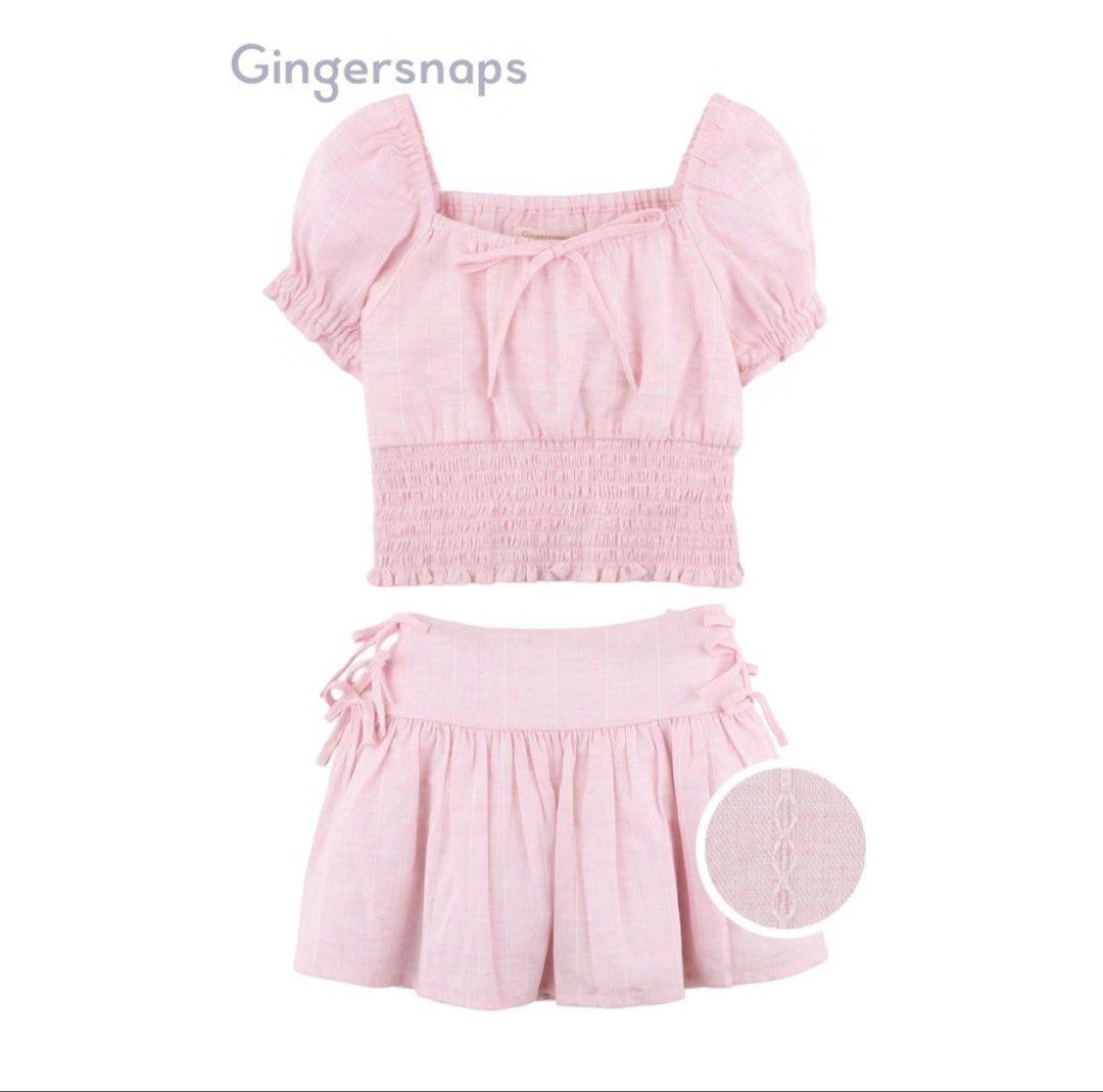 Gingersnaps Pink Puff Sleeve Top & Skirt Set (Category: Sets or Coordinates) located in Angeles City. Submitted by momandmini9 (Listing ID 1462376076, Image 1). Description: - Gingersnaps set - Puff sleeve top with smocked waist and tie detail - Matching tiered skirt with side tie details - Lightweight fabric, ideal for warm weather - Size: 4Y - Originally bought for 1,200.