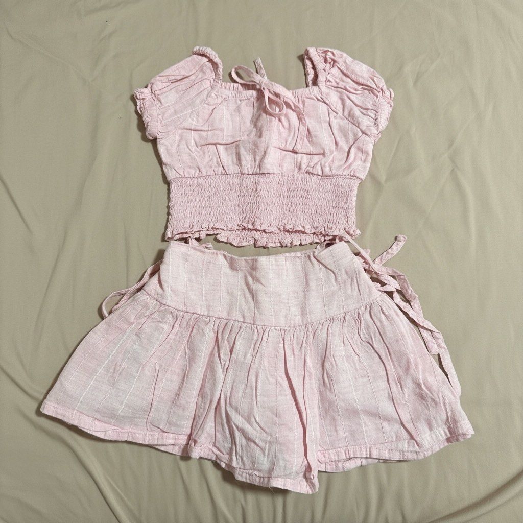 Gingersnaps Pink Puff Sleeve Top & Skirt Set (Category: Sets or Coordinates) located in Angeles City. Submitted by momandmini9 (Listing ID 1462376076, Image 2). Description: - Gingersnaps set - Puff sleeve top with smocked waist and tie detail - Matching tiered skirt with side tie details - Lightweight fabric, ideal for warm weather - Size: 4Y - Originally bought for 1,200.