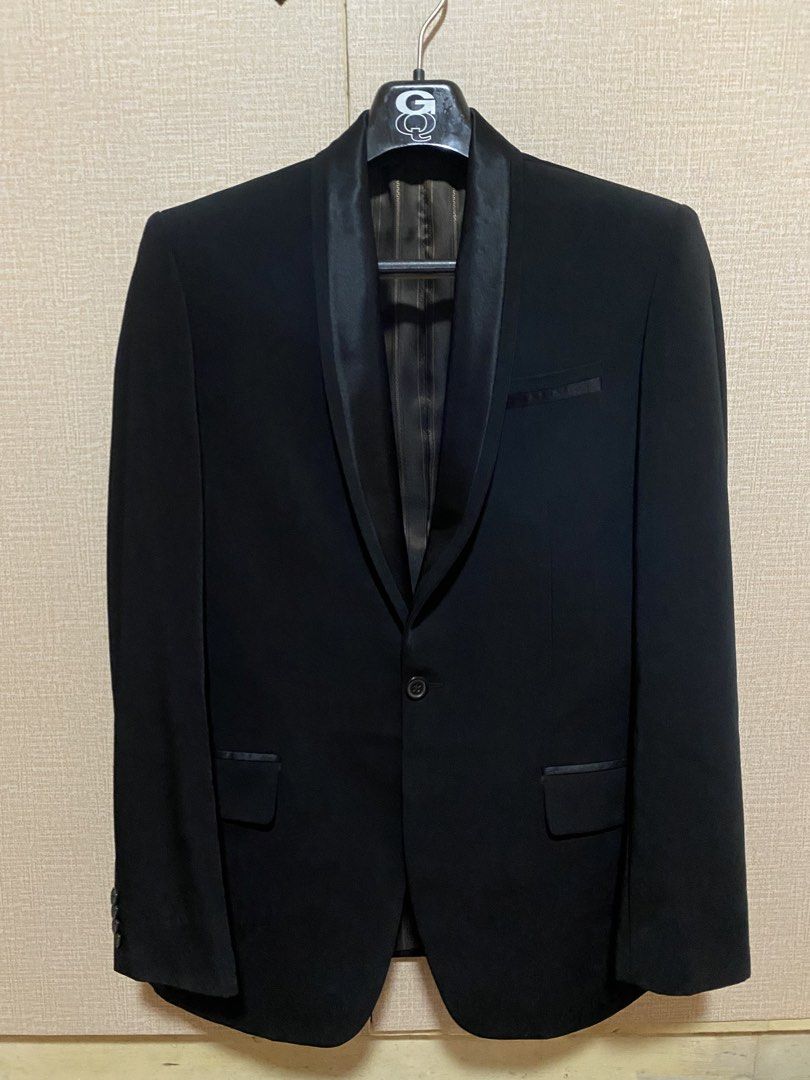 GQ Black Tuxedo Jacket with Satin Collar (Category: Coats, Jackets and Outerwear) located in Quezon City. Submitted by babyblue2022 (Listing ID 1462289500, Image 1). Description: - Only worn once (professionally dry cleaned already) - Brand: GQ Dress of Prestige - Classic black tuxedo jacket - Satin shawl collar - Button closure - Four buttons on each cuff - Two flap pockets at the front - Fully lined interior - Ideal for formal events and JS Pro