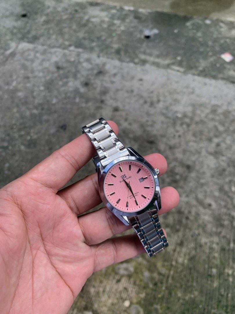 grand seiko pink dial watch (Category: Men's Watches) located in Manila. Submitted by trustthrift2002 (Listing ID 1462378175, Image 1). Description: grand seiko pink dial watch open back automatic movement heavy,heavy strap.