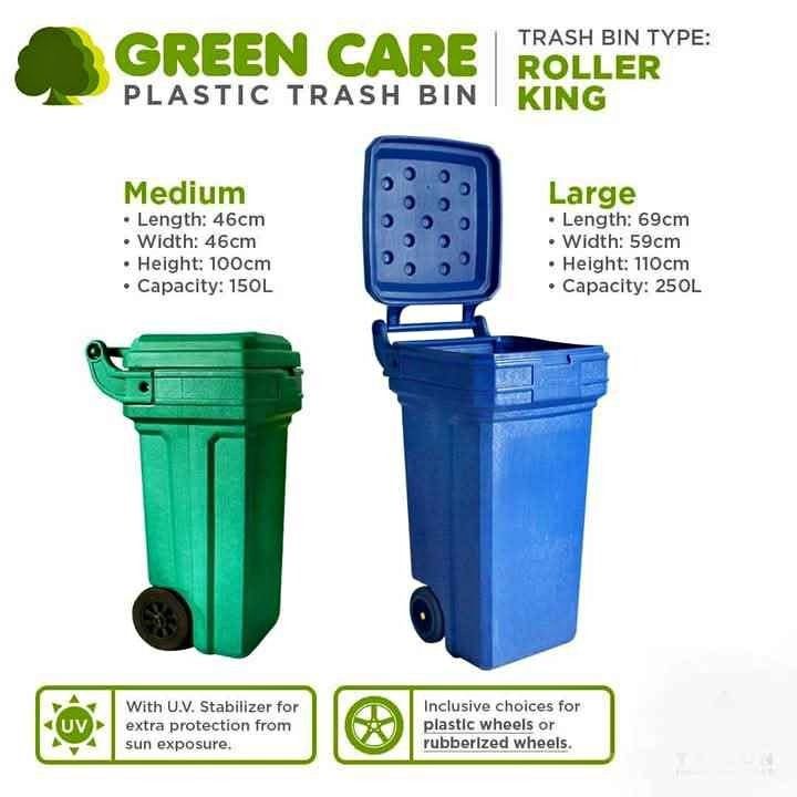 Green Care Roller King Plastic Trash Bin - Medium & Large (Category: Waste Bins & Bags) located in Manila. Submitted by happy_5845 (Listing ID 1462280786, Image 1). Description: - Green Care Plastic Trash Bins - Available Sizes: Medium (150L) and Large (250L) - UV Stabilizers for sun protection - Wheel Options: Plastic or Rubberized - Ideal for outdoor use.