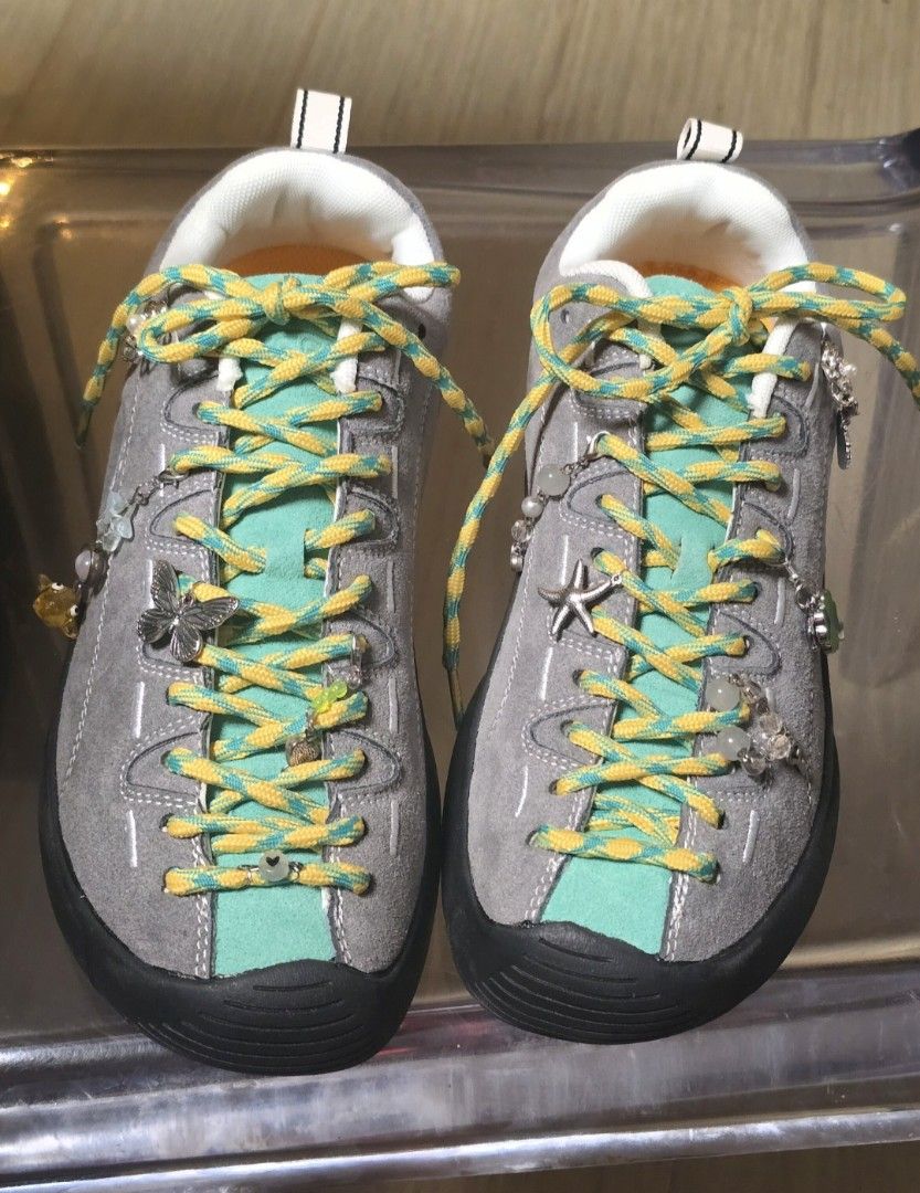 Grey & Teal Sneakers with Charms (Category: Casual Shoes) located in Pasig City. Submitted by ceacart (Listing ID 1462355555, Image 1). Description: - Thrifted! - Cool grey and teal sneakers - Yellow and green laces included - Adorable charms: butterfly, starfish, and planet - Unique style for casual wear - Ready for a new home! loc: laguna / pasig.