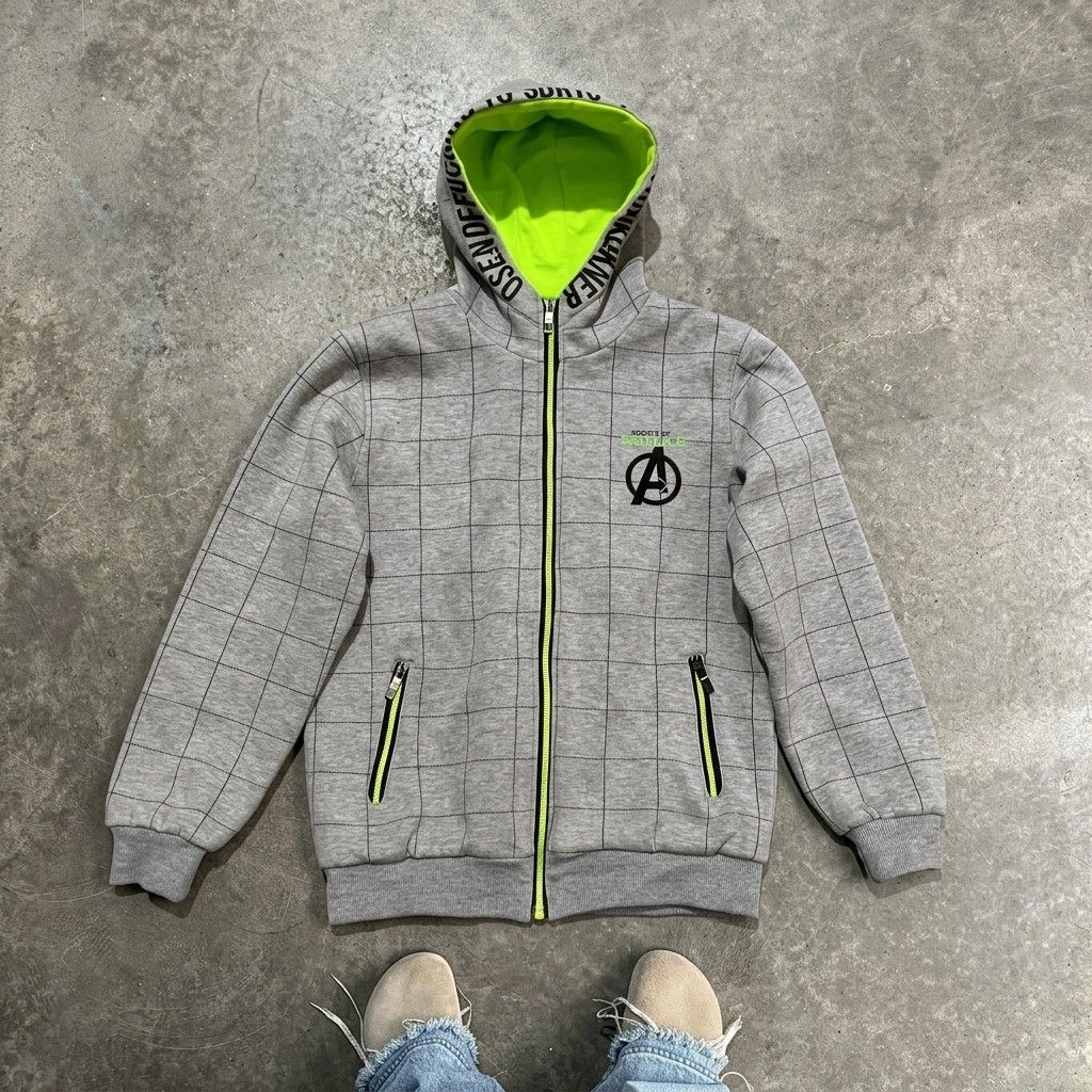 Grey Marvel Avengers Grid Zip-Up Hoodie (Category: Coats, Jackets and Outerwear) located in Rizal. Submitted by trip2thrift99 (Listing ID 1462310488, Image 2). Description: Gray Avengers Zip-Up Hoodie | Small-Medium | Thick Material Good pre-loved condition. • Size: Small to Medium • Color: Gray with neon green details • Thick and comfortable material • Full zip-up • 2 Front pockets • Avengers design • Good overall condition • Freshly washed befo