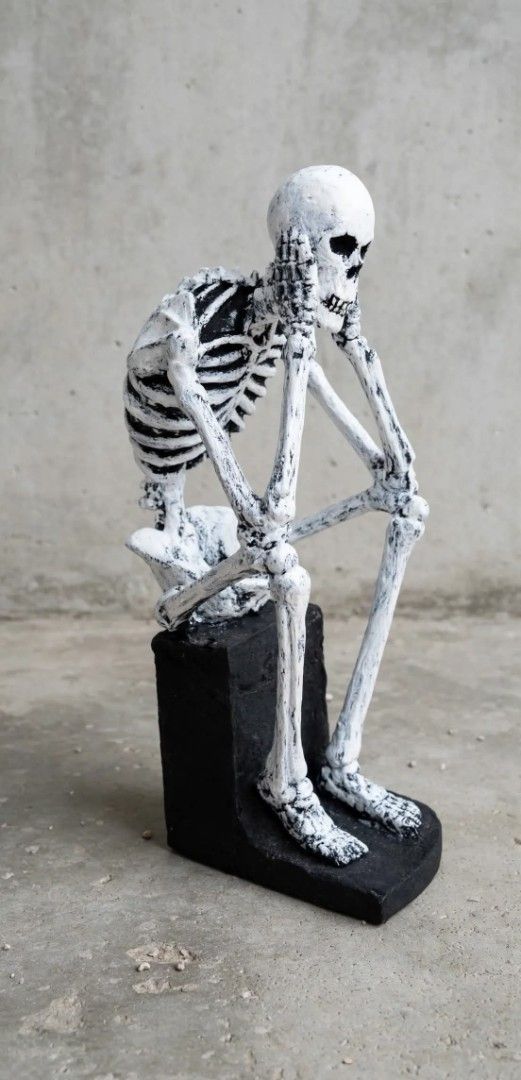 Grim Reaper: Hear No Evil, Skeleton statue Resin 15" (Category: Figurines & Statues) located in San Mateo. Submitted by waynetek14 (Listing ID 1462384982, Image 1). Description: - Unique skeleton statue in a contemplative pose. - Sits on a sturdy black base. - Ideal for Halloween decorations or as a quirky statement piece. - Crafted from resin. - Stands approximately 15 inches tall. - Exhibits a charming, slightly aged aesthetic .