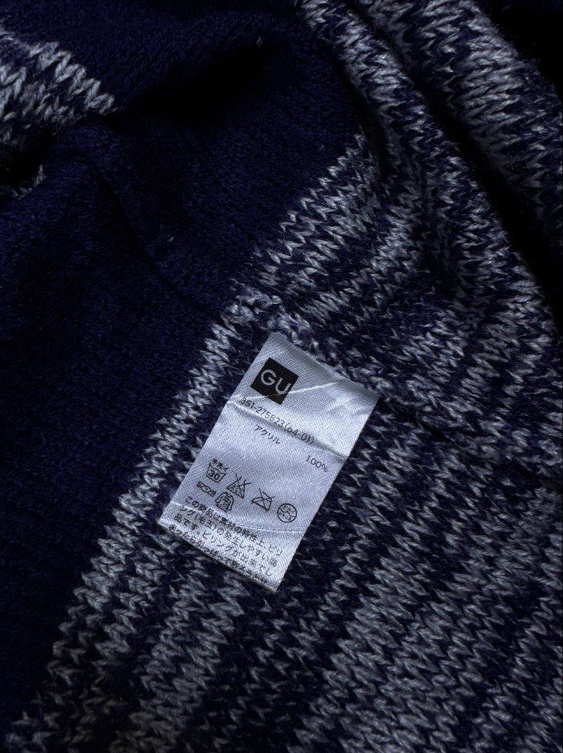 GU Striped Knit Sweater (Category: Activewear) located in Zamboanga. Submitted by nurhosinna77344 (Listing ID 1462321341, Image 3). Description: - Navy and grey striped knit sweater - Brand: GU - Neckline: Crew neck - Sleeves: Long sleeves - Material: 100% Acrylic - Style: Comfortable, casual, great for layering.