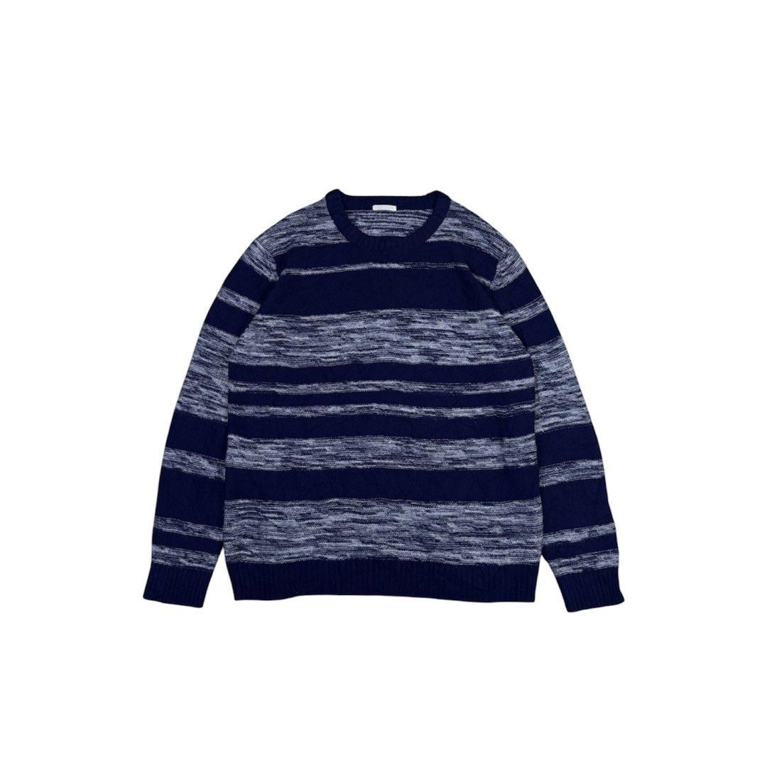 GU Striped Knit Sweater (Category: Activewear) located in Zamboanga. Submitted by nurhosinna77344 (Listing ID 1462321341, Image 1). Description: - Navy and grey striped knit sweater - Brand: GU - Neckline: Crew neck - Sleeves: Long sleeves - Material: 100% Acrylic - Style: Comfortable, casual, great for layering.