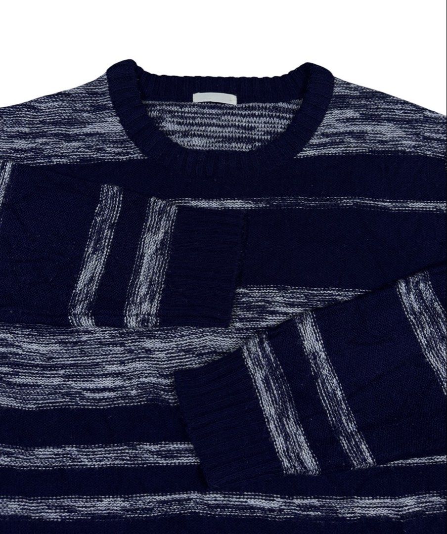GU Striped Knit Sweater (Category: Activewear) located in Zamboanga. Submitted by nurhosinna77344 (Listing ID 1462321341, Image 2). Description: - Navy and grey striped knit sweater - Brand: GU - Neckline: Crew neck - Sleeves: Long sleeves - Material: 100% Acrylic - Style: Comfortable, casual, great for layering.