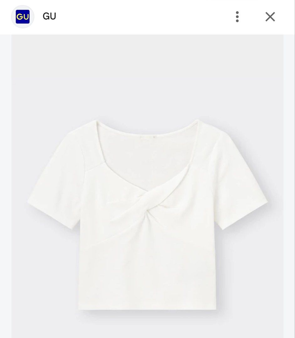GU White Twisted Neck Short Sleeve Top (Category: Blouses) located in Cavite. Submitted by yakultjeni85475 (Listing ID 1462392530, Image 3). Description: - Brand: GU - Color: White - Sleeve Length: Short sleeve - Neckline: Square neck with twisted detail - Fit: Cropped - Style: Simple, chic, casual.