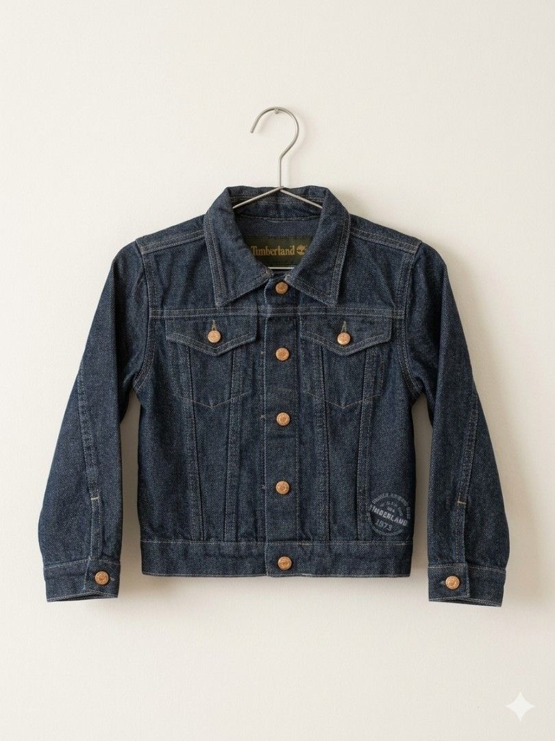 GUARANTEE AUTHENTIC TIMBERLAND DENIM OUTERWEAR JACKET FOR TODDLER (Category: Babies & Kids Fashion) located in Las Pinas. Submitted by outerwearsmanila (Listing ID 1462277046, Image 3). Description: Timberland dark wash denim jacket. Design & Structural Details Color & Wash: It features a rich dark blue wash (indigo) with contrast yellow/tan topstitching that runs along the seams, a signature style for classic rugged denim outerwear. Details TIMB
