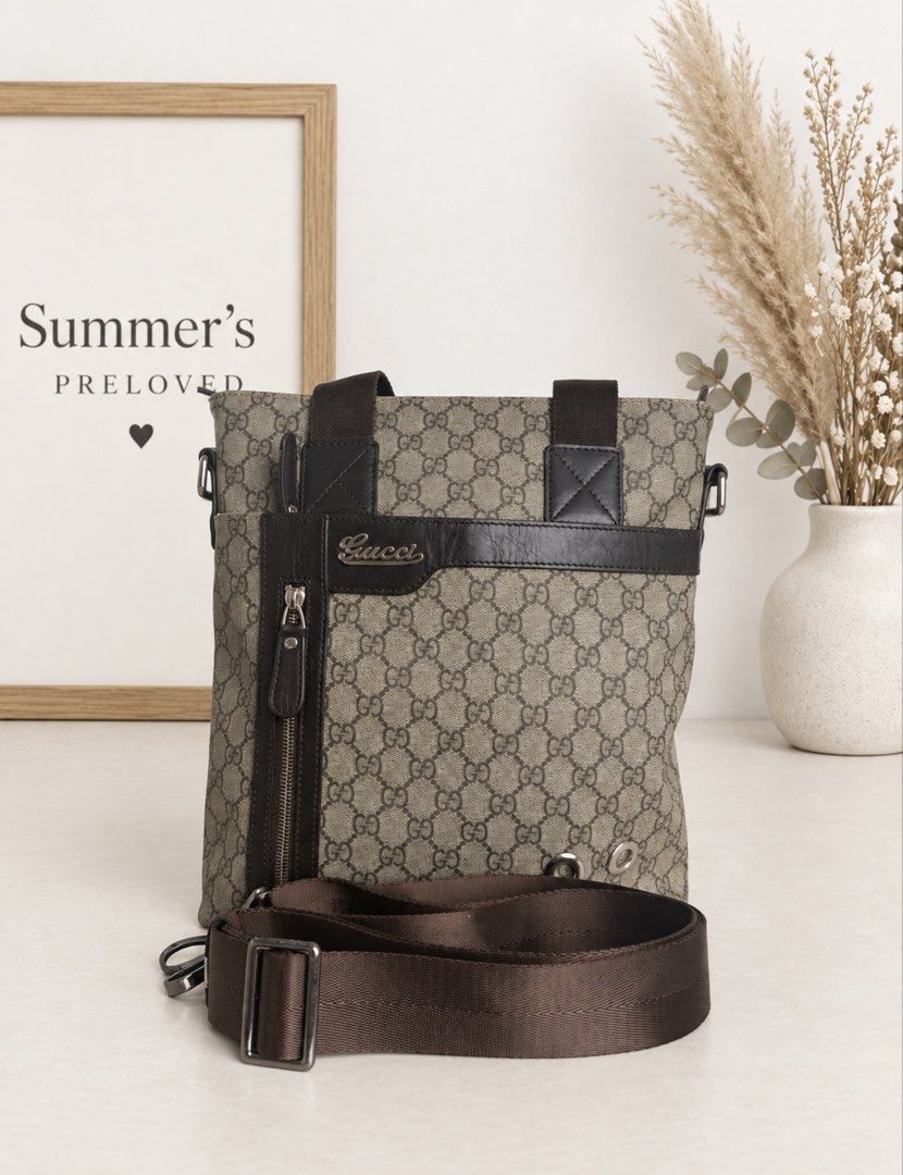Guching Monogram Canvas Messenger Bag (Category: Sling Bags) located in Taguig. Submitted by summers.preloved (Listing ID 1462264687, Image 1). Description: 👜 Bag Details ✨ Beige and brown Guching monogram coated canvas 🤎 Dark-brown leather trim and accents 🔒 Secure top zip closure 📱 Front vertical zip pocket for quick-access items 🗂️ Rear horizontal zip pocket 🎒 Adjustable shoulder/crossbody strap 🤝 Two short carry handles 🖤 Dark fabric-