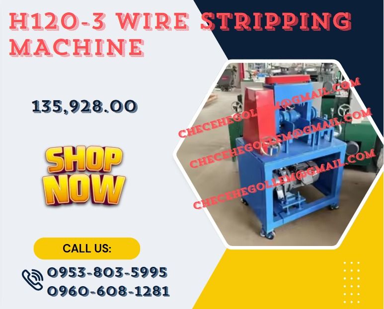 H120-3 wire stripping machine (Category: Construction Tools & Equipment) located in Lapu Lapu. Submitted by purebird.d6b6a1 (Listing ID 1462266463, Image 1). Description: ●Stripping diameter : 10-120mm ●Motor : 3kw(Geared Motor) ●Number of Holes : 2 (adjustable holes) ●Number of Blades : 4 Round Blades ●Dimensions : L760*W470*H1300(mm)/L29.9*W18.5*H51.2(inch) ●Weight : 223kg ●Daily Input : 800-2000kg ●Voltage : 220V/380V (customized) .