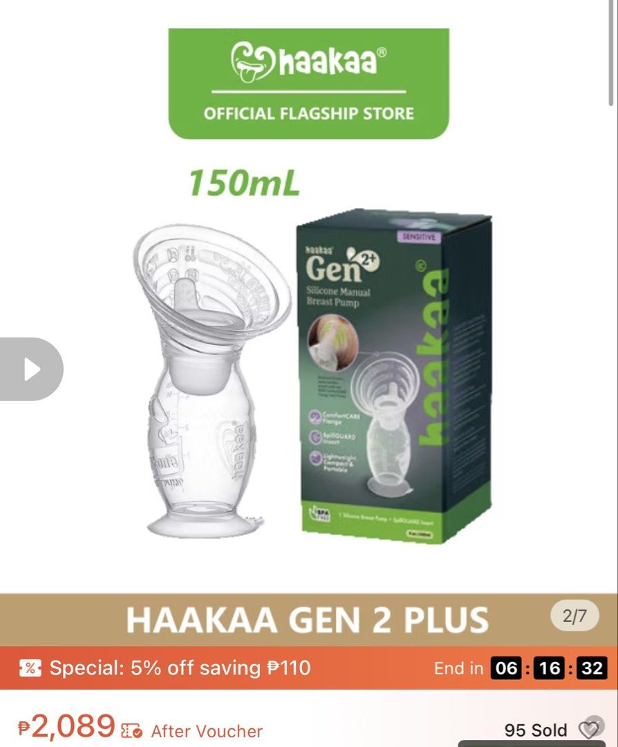 Haakaa Gen 2 Plus Silicone Manual Breast Pump 150ml (Category: Breastfeeding & Bottle Feeding) located in Las Pinas. Submitted by kattesantiago (Listing ID 1462351750, Image 1). Description: - Haakaa Gen 2 Plus Silicone Manual Breast Pump - 150ml capacity - Includes SpillGUARD insert for mess-free pumping - Made from safe, BPA-free silicone - Lightweight and portable for convenient on-the-go use - Simple to operate and clean Washed once, never us