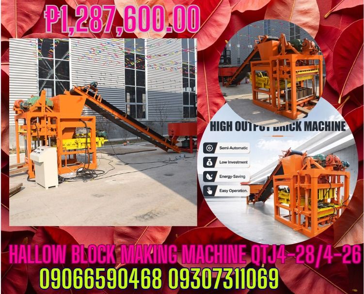 hallow block or hallow bricks machine Model QTJ4-28/4-26) (Category: Printers, Scanners & Copiers) located in Caloocan City. Submitted by silentdog_f890b4 (Listing ID 1462347672, Image 1). Description: - High output brick making machine (Model QTJ4-28/4-26) - Semi-automatic operation - Energy-saving design - Low investment cost - Easy to operate - Ideal for construction projects - Price: P1,287,600.00 - Contact us: 09066590468 or 09307311069 for 