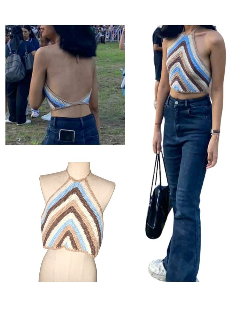 Handmade Crochet Halter Top - Striped Pattern (Category: Sleeveless) located in Caloocan City. Submitted by avezam (Listing ID 1462365171, Image 1). Description: - Super cute handmade crochet halter top - Features a stylish brown, beige, and light blue chevron stripe pattern - Adjustable ties at the neck and back for a perfect fit - Ideal for a casual festival or beach vibe - Unique, one-of-a-kind piece.