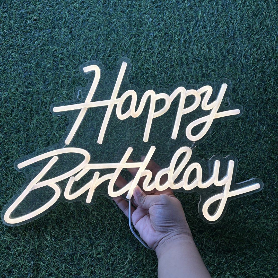 Happy Birthday Neon Sign Light (Category: Lighting) located in Manila. Submitted by marahhh (Listing ID 1462276589, Image 1). Description: - Warm white 'Happy Birthday' neon sign - Ideal for parties and celebrations.