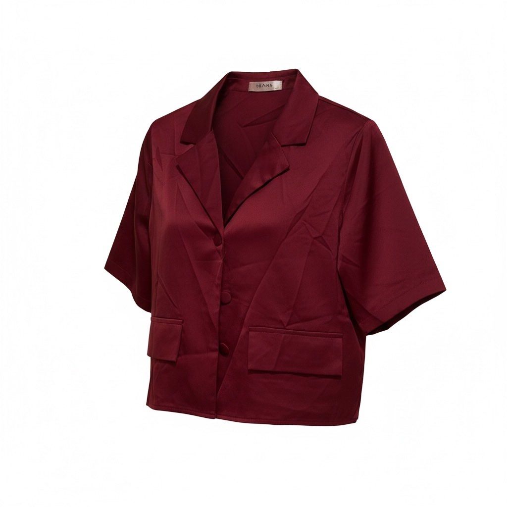 HEAHA Short Sleeve Maroon Top/Blazer (Category: Blouses) located in Angeles City. Submitted by momandmini9 (Listing ID 1462366995, Image 2). Description: - - Brandnew - Burgundy short sleeve top - can be worn as blazer - Button closure - Two front pockets - Satin-like material - Free size; can fit up to Large - Bought this for 600, from Thailand.
