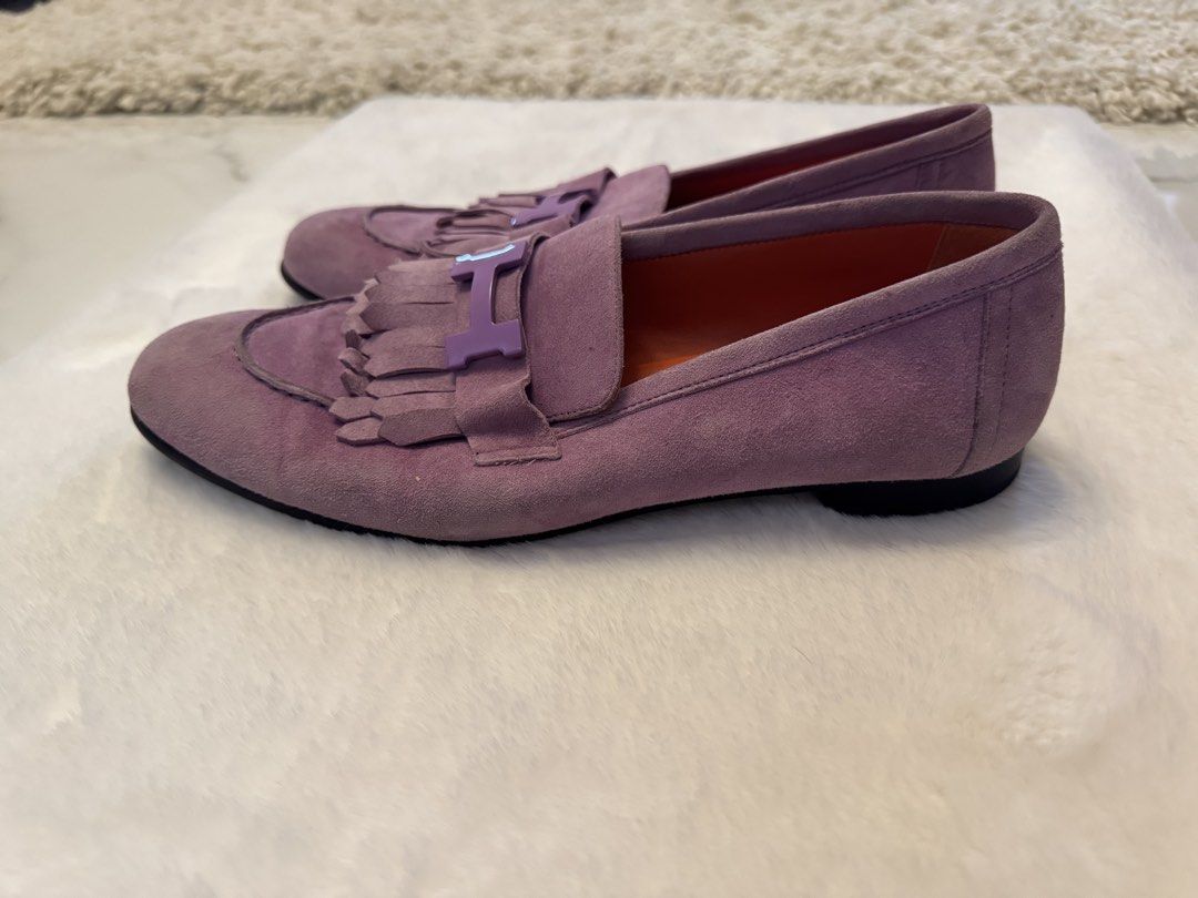 Hermes Moccasin Royal Loafers (Category: Loafers) located in San Nicolas. Submitted by ihascat (Listing ID 1462302148, Image 2). Description: - Hermes lavender suede loafers - Iconic purple H buckle - Orange leather interior with Hermes Paris branding - Comfortable slip-on style - Versatile for dressing up or down.