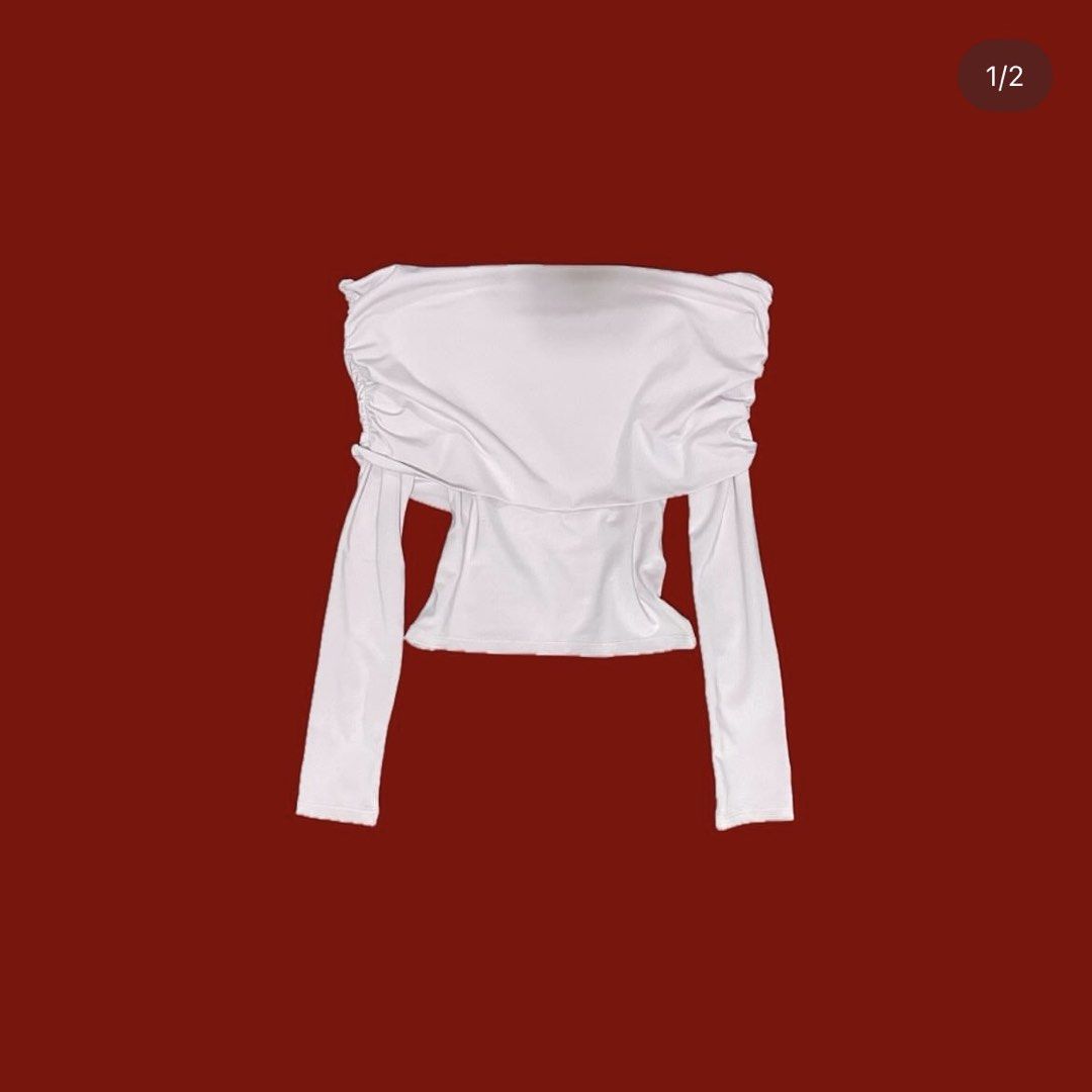 H&M light pink bardot long sleeve top (Category: Longsleeves) located in Manila. Submitted by chichoneyy (Listing ID 1462309671, Image 1). Description: color: light pink - worn once for xmas party #h&m #longsleeve #top #womens.