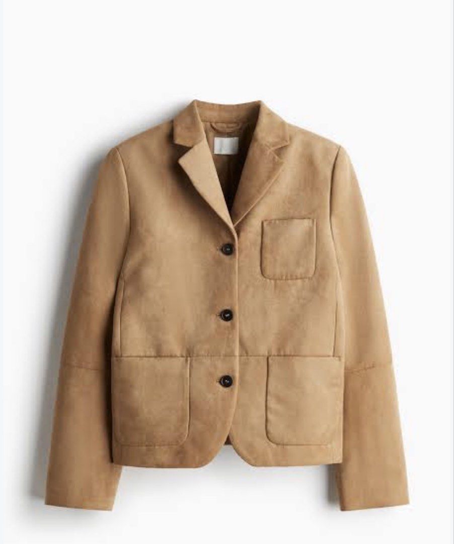 H&M Tan Suede-like Blazer Jacket (Category: Coats, Jackets and Outerwear) located in Manila. Submitted by thepixieposse (Listing ID 1462392448, Image 1). Description: - Brand new H&M Tan Blazer - Suede-like material - Two-button front closure - Three pockets: two front, one chest - Fully lined interior - Tags still attached - Perfect for dressing up or down Retails for $60.