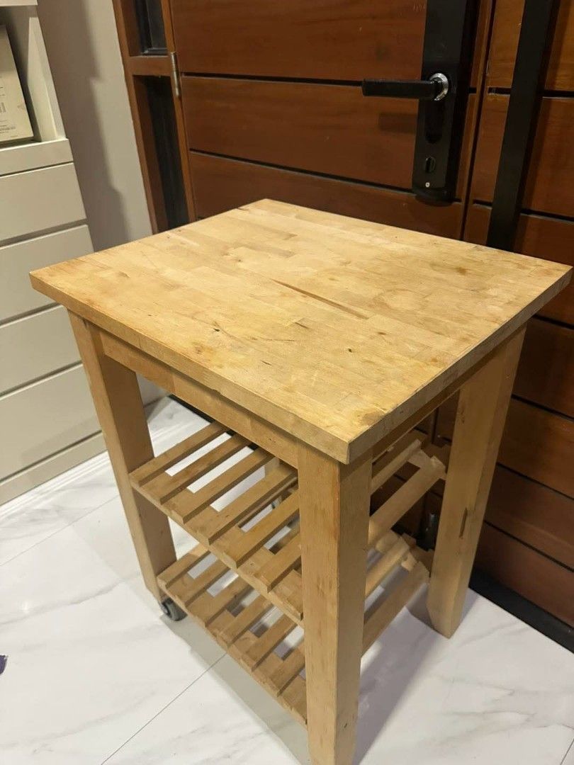 Ikea Bekvam Kitchen Cart Troller Side Table (Category: Tables & Sets) located in Quezon City. Submitted by dannikkishoppe2 (Listing ID 1462311618, Image 3). Description: Ikea Bekvam Kitchen Cart Troller Side Table ‼️₱4000‼️ *solid birch wood with convenient slatted storage shelves and rolling caster wheels *good as new Please manage your expectations as there might be minimal flaws. Color may vary due to lighting, it may appear darker or lighter 