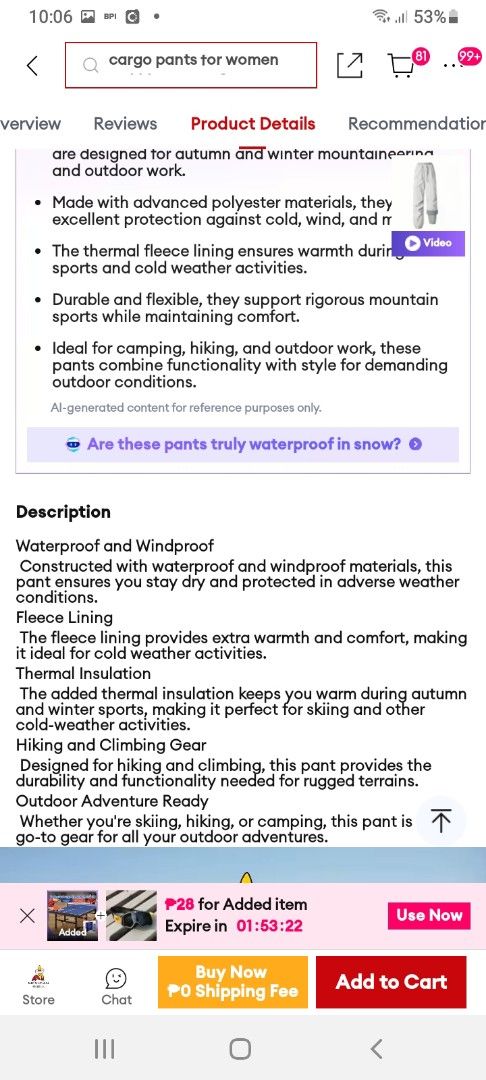 Insulated waterproof ski pants (Category: Trousers) located in Muntinlupa City. Submitted by jenrodriguez0729 (Listing ID 1462397854, Image 3). Description: Waterproof and windproof winter snow ski pants. it was an inner layer fleece material and outer waterproof layer. can be worn separately or together. Bought for over P1400 selling for P900 nalang RFS: It was too small for my son.