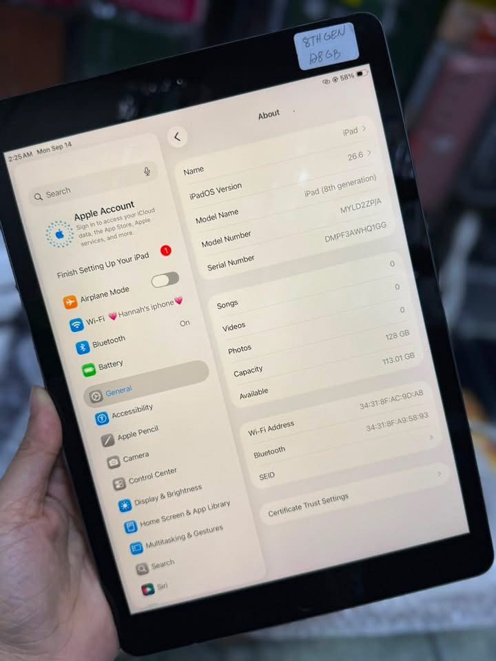 IPAD 8TH GEN 128GB (Category: iPad) located in Manila. Submitted by deshmacala (Listing ID 1462372005, Image 2). Description: New stock! iPad 8th gen 128GB WiFi + Cellular iOS 26 version No history repair Finger print working Camera is good Battery health 85 to 90 percent.