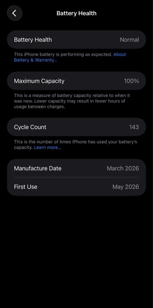 IPHONE 17 PRO MAX 1TB (Category: iPhone 17 Series) located in Manila. Submitted by ejjohnson (Listing ID 1462421396, Image 2). Description: * iPhone 17 Pro Max 1TB * Silver * 100% battery health * Cycle count 143 * FU * Around 4 months used * No issues/repairs * Original box + USB-C cable * Warranty until May 21, 2027 *92k.
