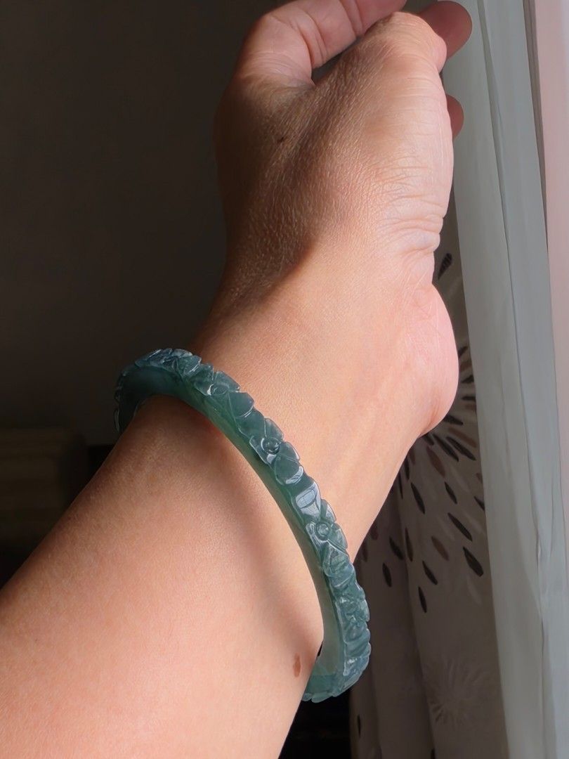 Jade Bangle Flower carving (Category: Bracelets) located in Manila. Submitted by cavalierdolls (Listing ID 1462285547, Image 1). Description: Onhand Blue Water Jade flower carved bangle with Certificate..