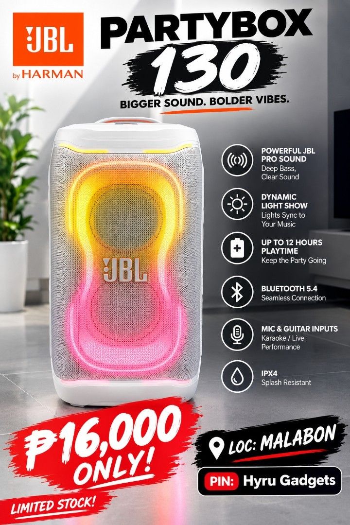 JBL PartyBox 130 (Category: Soundbars, Speakers & Amplifiers) located in Malabon City. Submitted by hyruwatchesandaccessories (Listing ID 1462416500, Image 1). Description: JBL PARTYBOX 130 BRANDNEW SEALED COLOR: WHITE P.15,990.