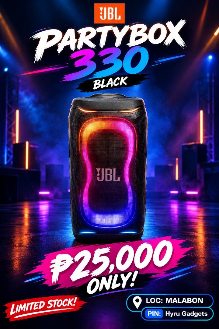 JBL PARTYBOX 330 (Category: Soundbars, Speakers & Amplifiers) located in Malabon City. Submitted by hyrugadgets (Listing ID 1462413751, Image 1). Description: JBL PARTYBOX 330 BRANDNEW SEALED COLOR: BLACK P.24,990.