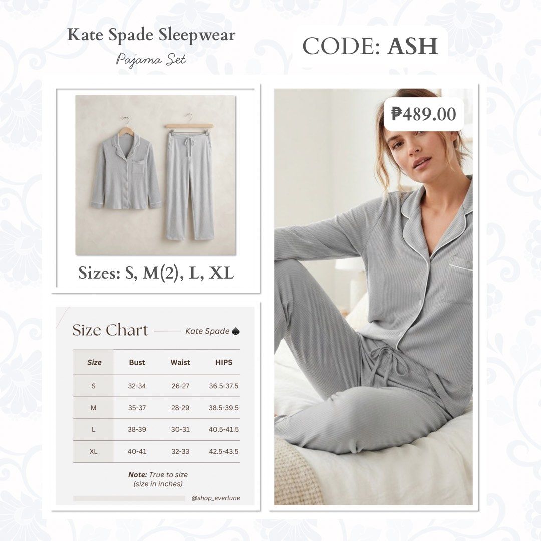 Kate Spade Sleepwear Pajama Set - Multiple Colors Available (Category: Undergarments & Loungewear) located in Tagaytay City. Submitted by rflrfl (Listing ID 1462438973, Image 3). Description: - Comfy Kate Spade pajama set - Made from soft material for ultimate comfort - Features a button-up top - Includes drawstring pants for a perfect fit - Refer to the size chart for accurate sizing - Get yours today!.