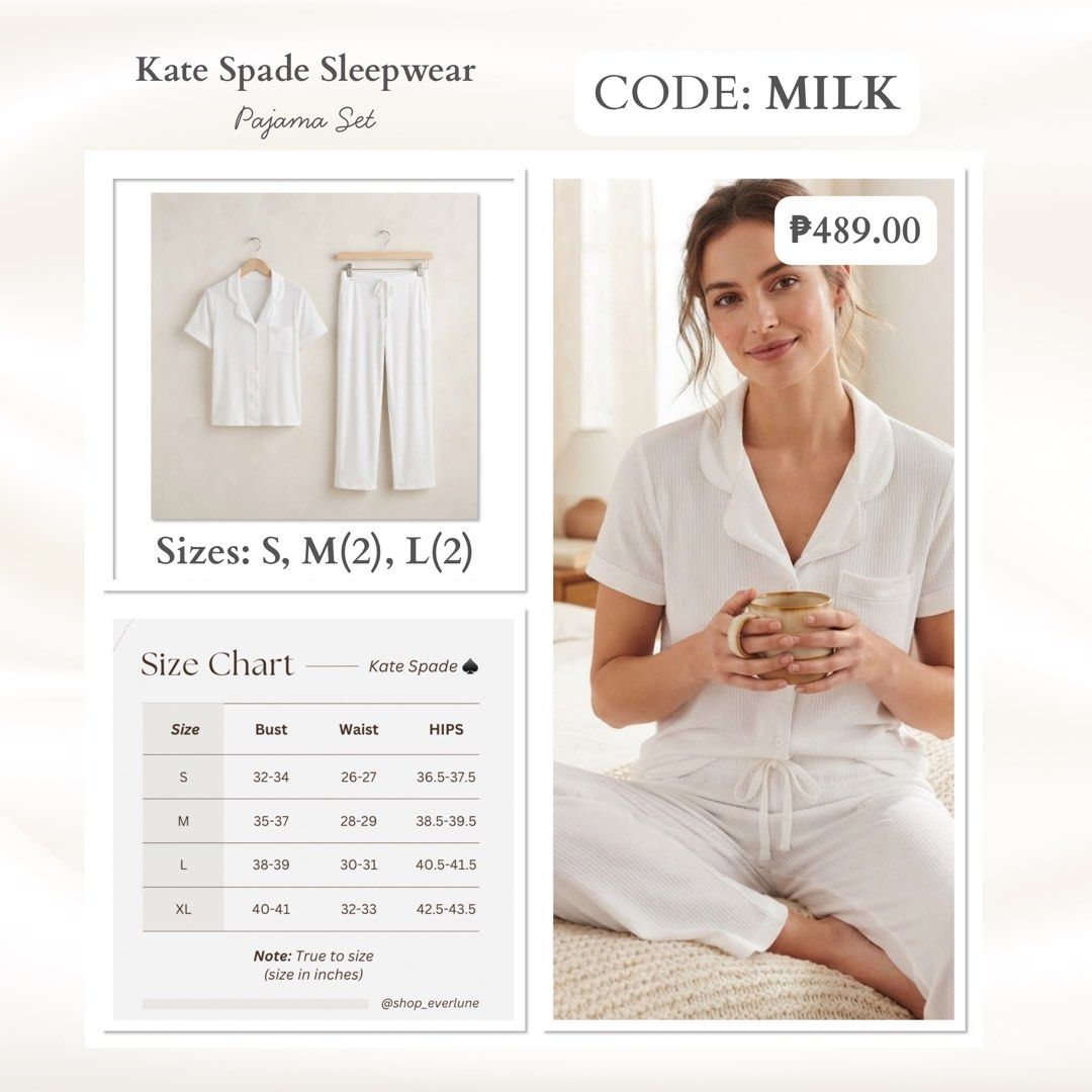 Kate Spade Sleepwear Pajama Set - Multiple Colors Available (Category: Undergarments & Loungewear) located in Tagaytay City. Submitted by rflrfl (Listing ID 1462438973, Image 2). Description: - Comfy Kate Spade pajama set - Made from soft material for ultimate comfort - Features a button-up top - Includes drawstring pants for a perfect fit - Refer to the size chart for accurate sizing - Get yours today!.
