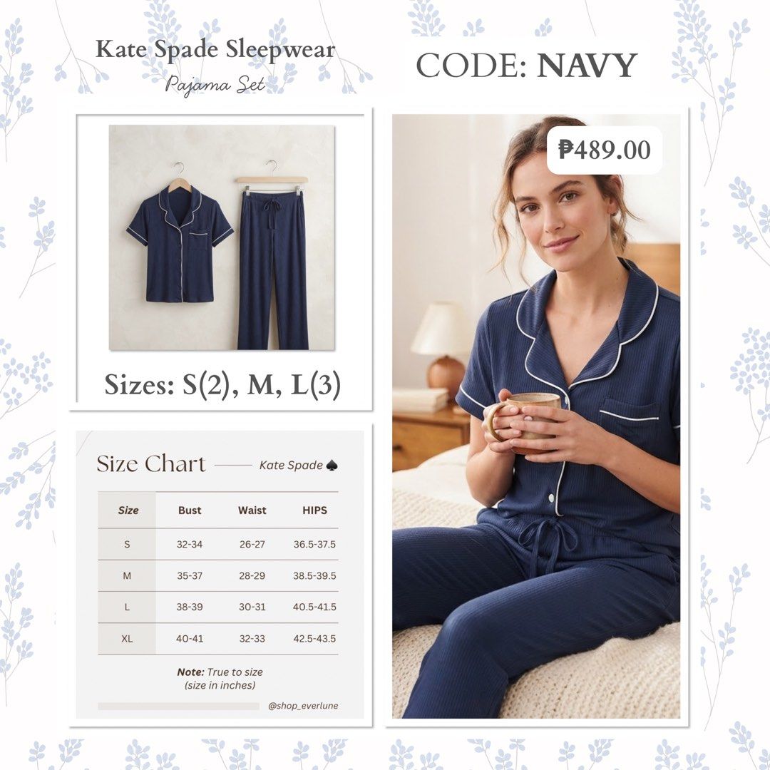 Kate Spade Sleepwear Pajama Set - Multiple Colors Available (Category: Undergarments & Loungewear) located in Tagaytay City. Submitted by rflrfl (Listing ID 1462438973, Image 1). Description: - Comfy Kate Spade pajama set - Made from soft material for ultimate comfort - Features a button-up top - Includes drawstring pants for a perfect fit - Refer to the size chart for accurate sizing - Get yours today!.